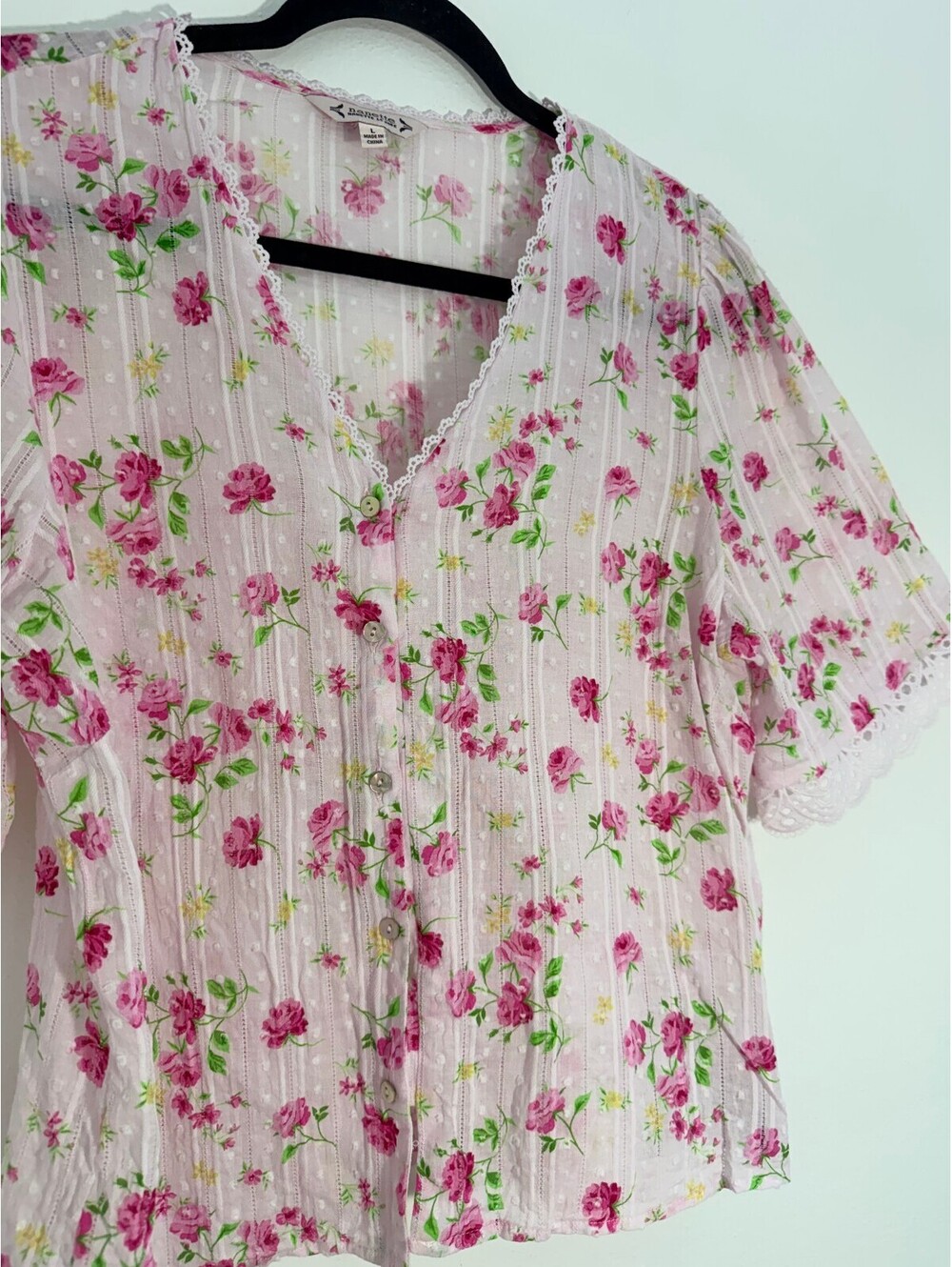 Nanette Lepore Floral Cotton Lace Trim Button Front Cottagecore Blouse Top Pink - Picture 4 of 7
